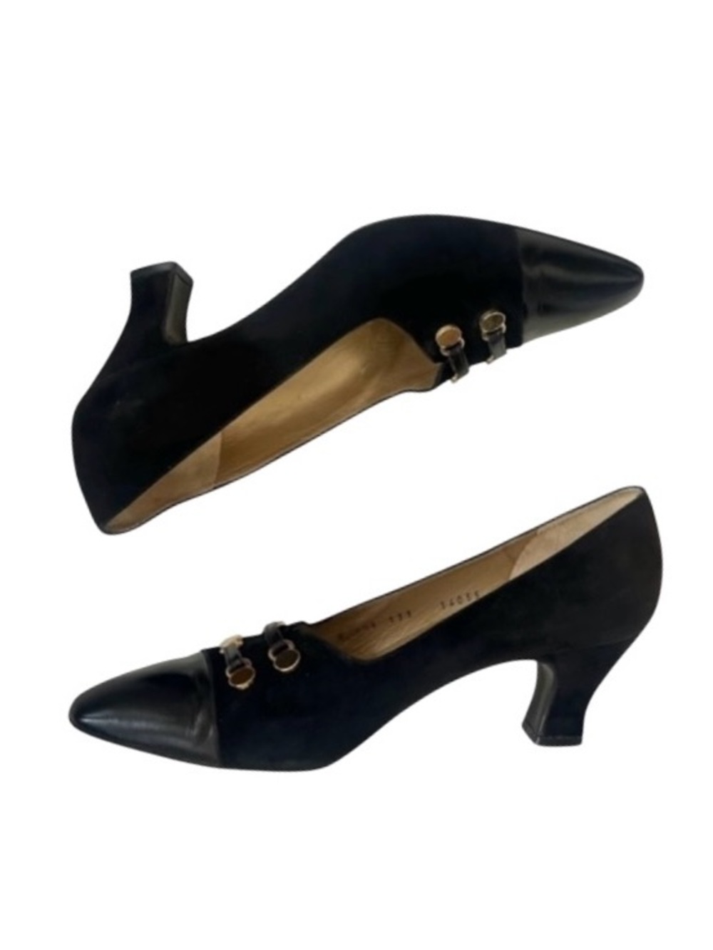 St. John Black Suede Leather Cap Toe Heels with Goldtone Hardware Size 7.5 - Picture 6 of 10